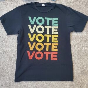 Black Graphic T-Shirt with Multicolor 'VOTE' Design women's Medium